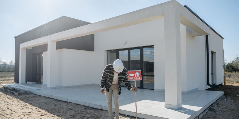 Man in hardhat holding a for sale sign