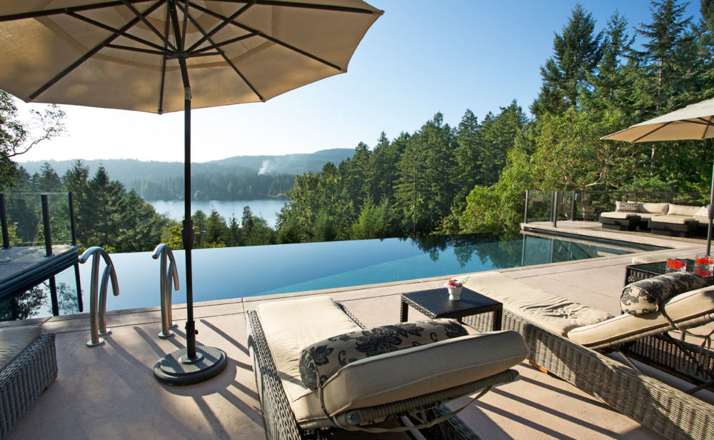 pool with seating area