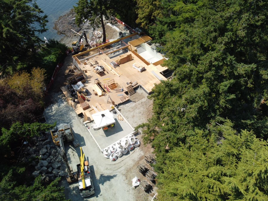 Arial view of new waterfront custom home
