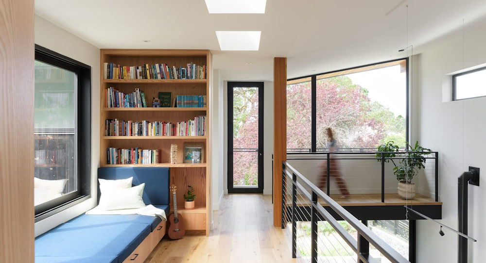 bookshelf on upper level of home